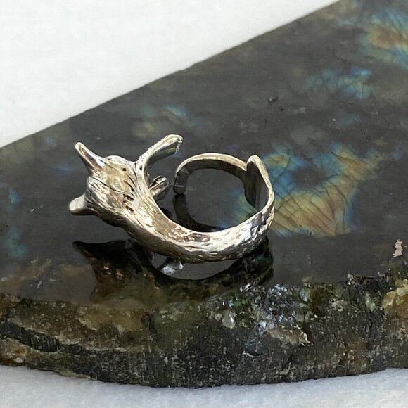 Sterling Silver 925 Adjustable 3D Cat Kitten Animal Wide Band Bypass Ring Sz 6 - Picture 5 of 16